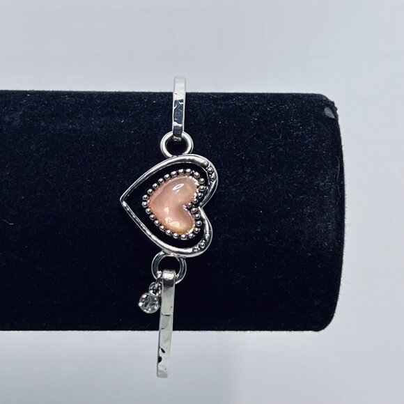 Silver Tone Bangle Bracelet With Pink Heart & Small Charm Detail (5790) - Picture 2 of 3